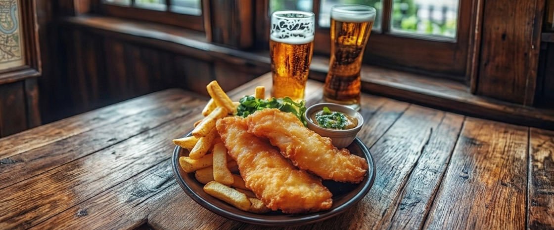 Flint Eye Lager with Fish and Chips